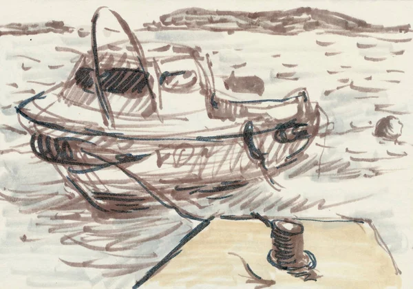 Hand Drawn Illustration Scanned Picture Watercolor Technique Boat — 图库照片
