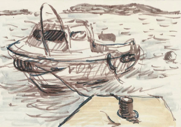 Hand Drawn Illustration Scanned Picture Watercolor Technique Boat — 스톡 사진