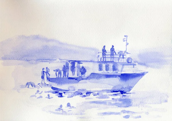 Hand Drawn Illustration Scanned Picture Watercolor Technique Divers Boat — Stockfoto