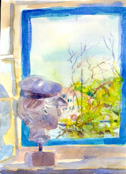 Hand Drawn Illustration Scanned Picture Watercolor Technique Head Window — Stockfoto