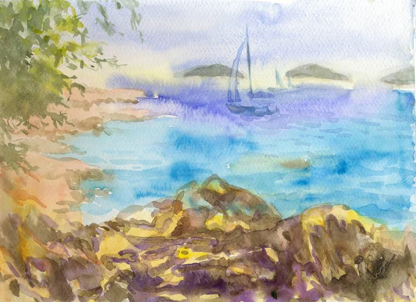 Hand Drawn Illustration Scanned Picture Watercolor Technique Sea Surface — Stockfoto
