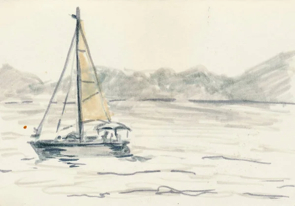Hand Drawn Illustration Scanned Picture Watercolor Technique Boat Stockbild