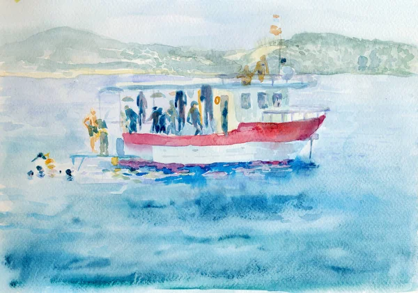 Hand Drawn Illustration Scanned Picture Watercolor Technique Divers Boat 스톡 사진
