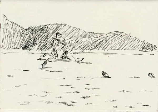 Hand Drawn Illustration Scanned Picture Watercolor Technique Paddleboard 로열티 프리 스톡 이미지