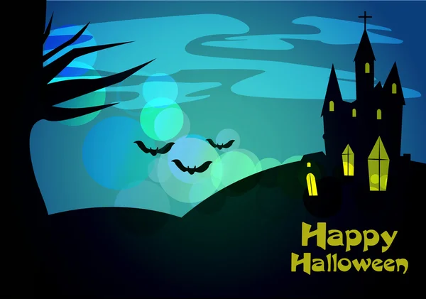 Vector Halloween background with flying bats, old house, pumpkin — Stock Vector