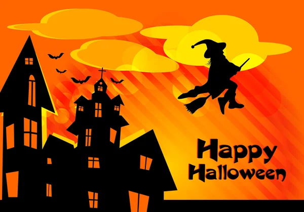 Vector Halloween background with flying bats, old house, pumpkin — Stock Vector