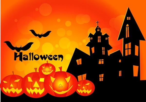 Vector Halloween background with flying bats, old house, pumpkin — Stock Vector