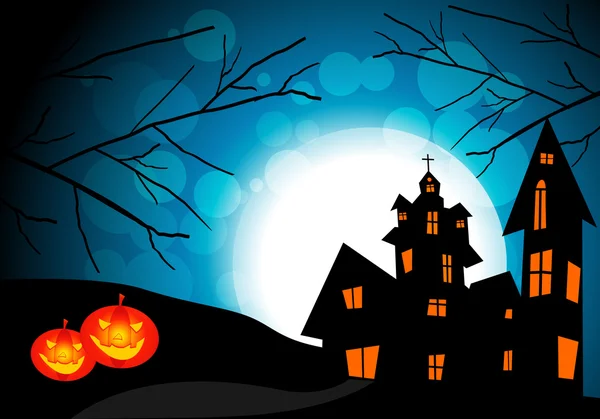 Cadılar Bayramı arka planda uçan yarasalar, eski bir ev, kabak ile vektör — Stok Vektör