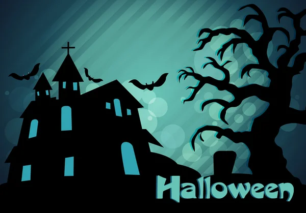 Fond vectoriel Halloween avec chauves-souris volantes, vieille maison, citrouille — Image vectorielle