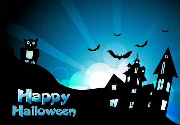 Vector Halloween background with flying bats, old house, pumpkin — Stock Vector