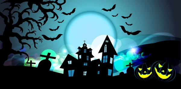 Vector Halloween background with flying bats, old house, pumpkin — Stock Vector