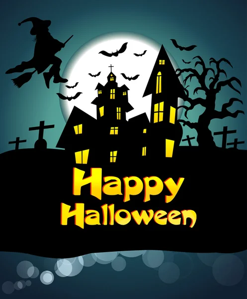 Vector Halloween background with flying bats, old house, pumpkin — Stock Vector