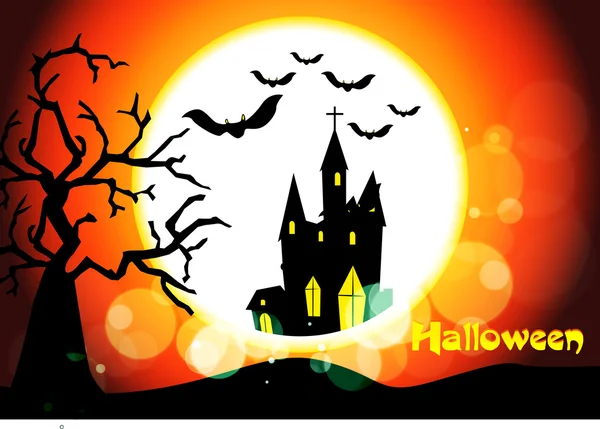 Vector Halloween background with flying bats, old house, pumpkin — Stock Vector