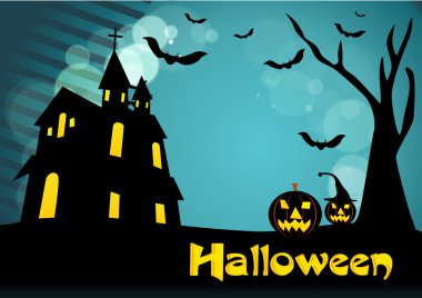 Cadılar Bayramı arka planda uçan yarasalar, eski bir ev, kabak ile vektör