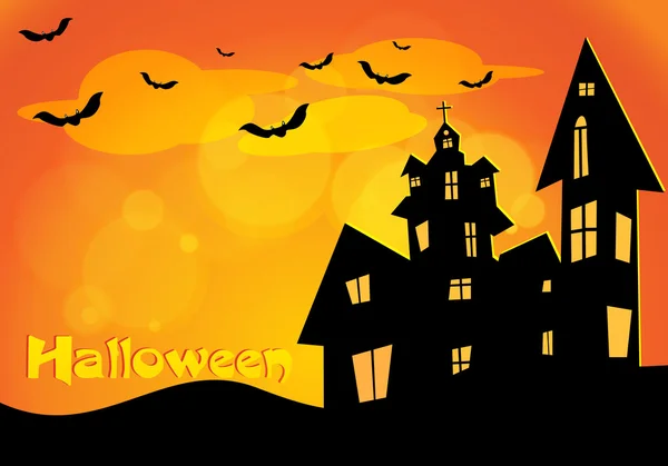 Vector Halloween background with flying bats, old house, pumpkin — Stock Vector