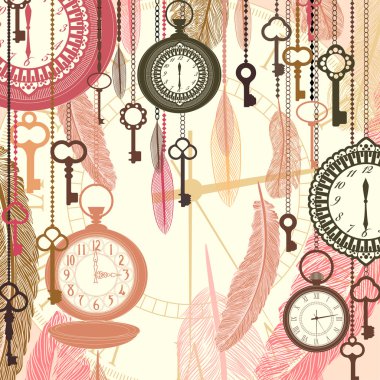 cep saatleri ve tüyler Vintage vektör arka plan