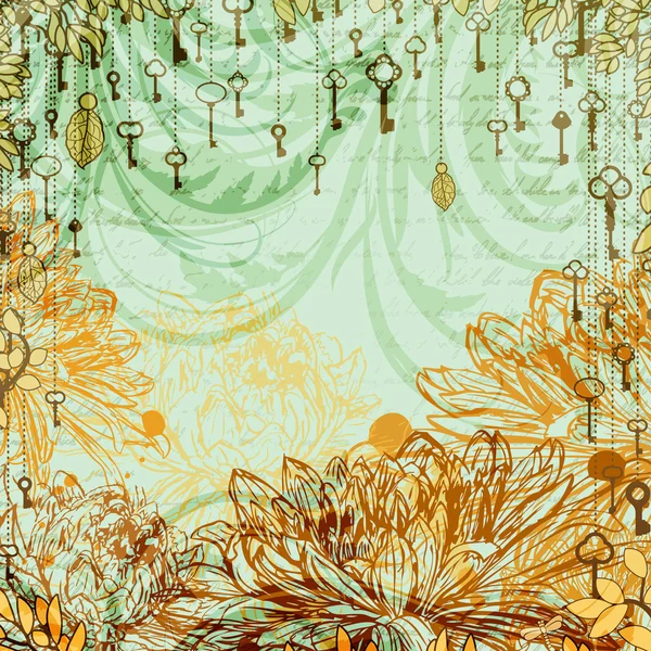 Винтажный фон с цветами хризантемы и подвесными ключами — стоковый вектор