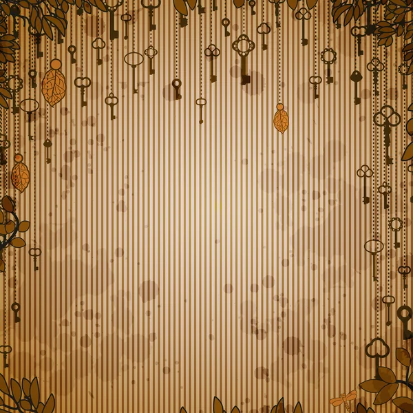 Абстрактный винтажный фон с висящими на дереве старинными ключами — стоковый вектор