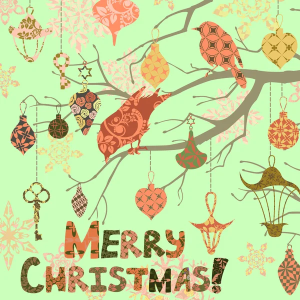 Scrapbooking cartão de Natal com pássaros e decorações — Vetor de Stock