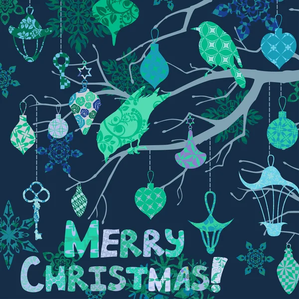 Cartão de Natal azul escuro com pássaros e decorações — Vetor de Stock