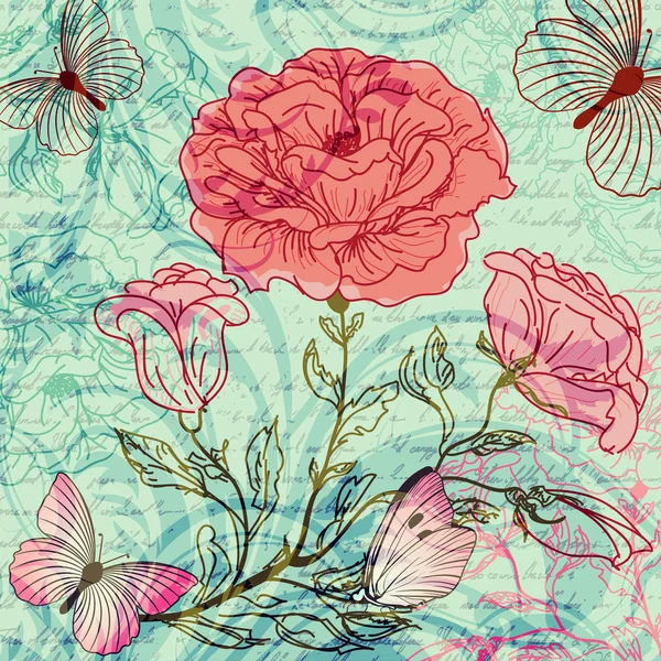 Grungy fondo retro con rosas y mariposas — Vector de stock