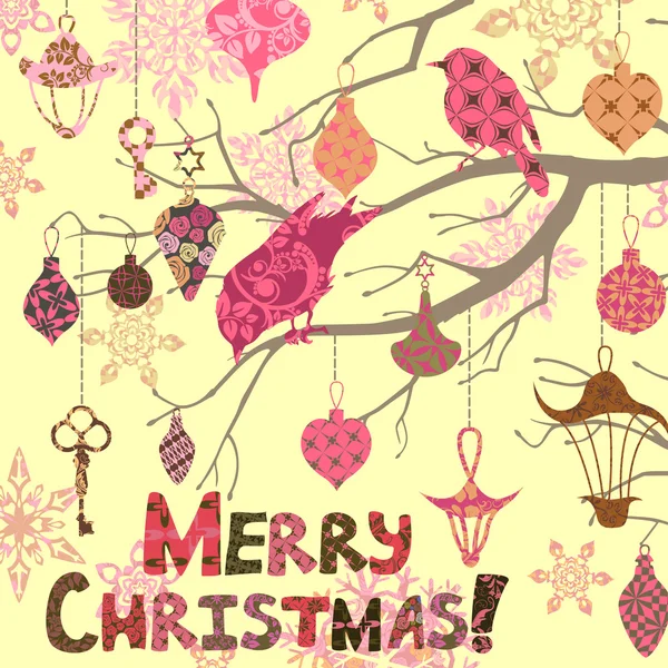 Carte de Noël Scrapbooking avec oiseaux et décorations — Image vectorielle