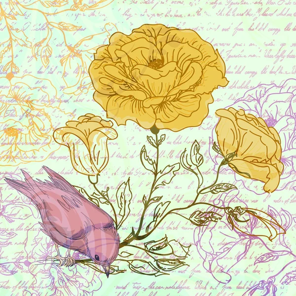 Grungy fondo retro con rosas y aves — Vector de stock