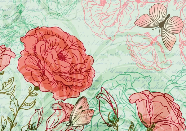 Grungy fondo retro con rosas y mariposas — Vector de stock