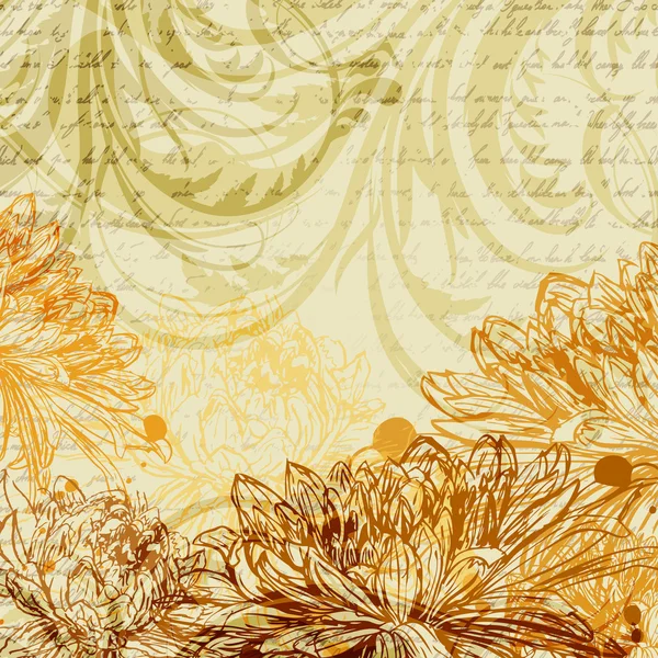 Fondo dibujado a mano de otoño con flores de crisantemo — Vector de stock
