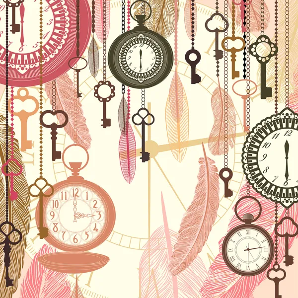 Fondo vector Vintage con relojes de bolsillo y plumas — Vector de stock