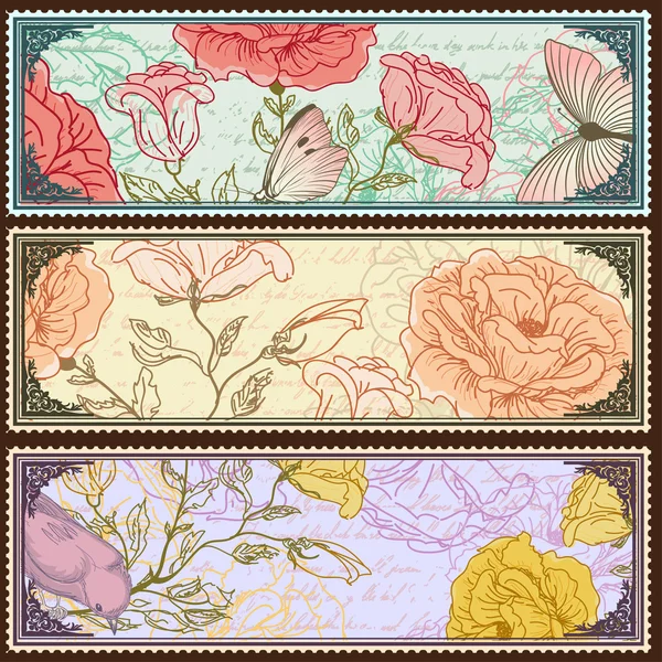 Bannières vintage avec roses dessinées à la main — Image vectorielle
