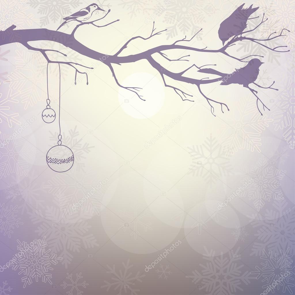 Light winter background with silhouette of branch with birds