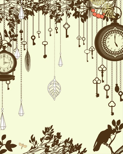 时钟和钥匙复古垂直背景 — 图库矢量图片