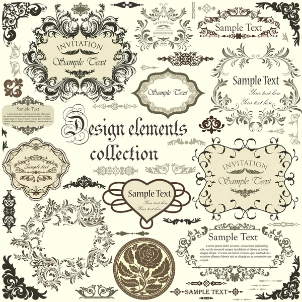Conjunto vetorial de elementos de design caligráfico e molduras florais —  Vetores de Stock