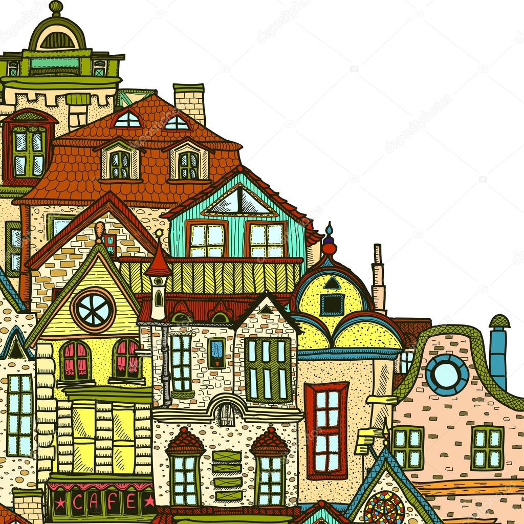 Hand-drawn background with old town