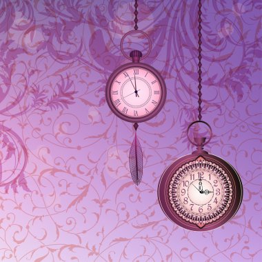 Yeşil çiçekli dallar ve cep saatleri ile soyut duvar kağıdı