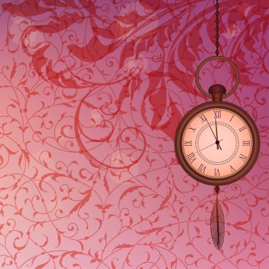 pembe çiçekli dallar ve cep saati ile soyut duvar kağıdı