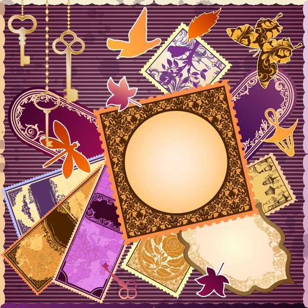 Vector scrapbooking luxury card with marks and stickers. — Stock Vector
