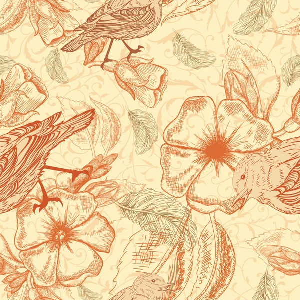 Patrón de primavera con plumas y pájaros en flores de manzana — Vector de stock