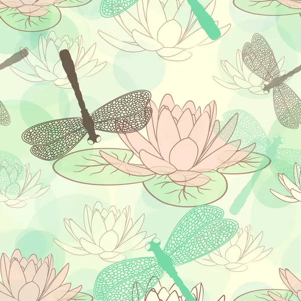 Seamless pattern with lotus flower and dragonflies — Stock Vector