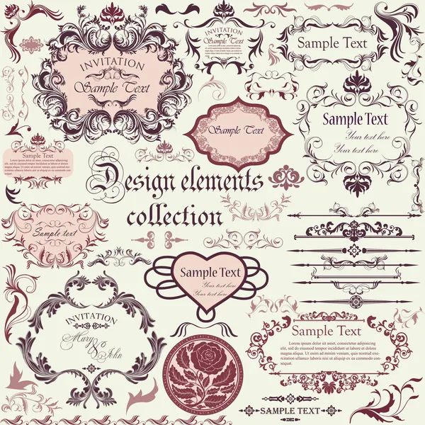 Conjunto vectorial de elementos de diseño caligráfico y marcos florales — Vector de stock