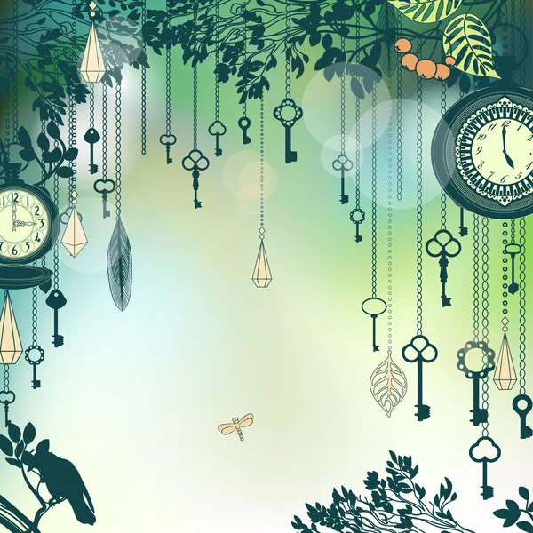 Fondo verde vintage con llaves y relojes — Vector de stock