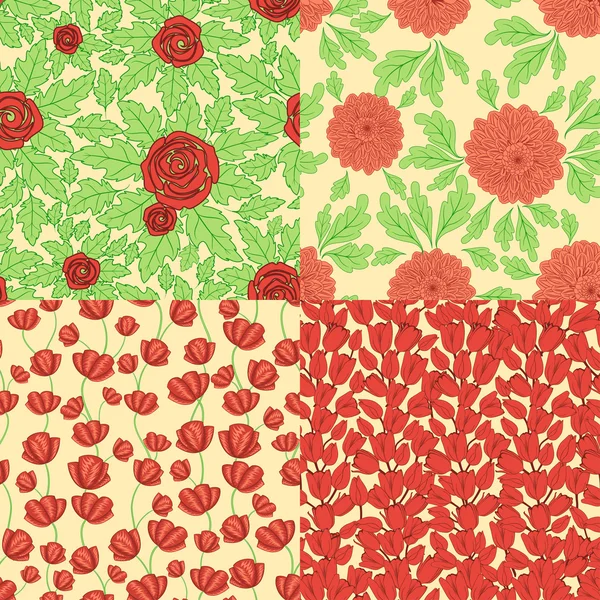 Set of seamless patterns with red flowers — Stock Vector