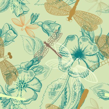 Flower seamless pattern with dragonflies