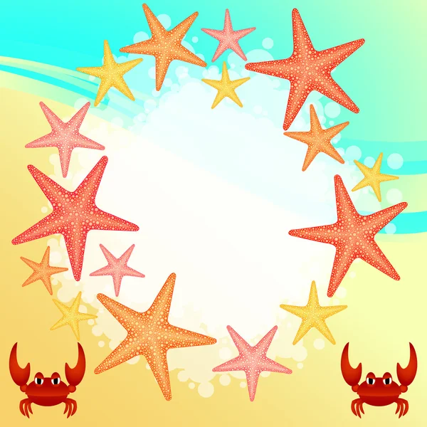 Fondo de playa de verano con marco de estrellas de mar — Vector de stock