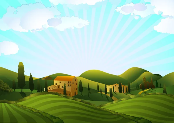 Paisaje rural con campos y colinas — Vector de stock