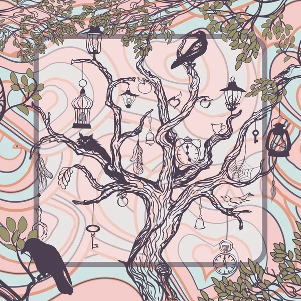 Fondo vintage con árbol viejo y llaves antiguas — Vector de stock