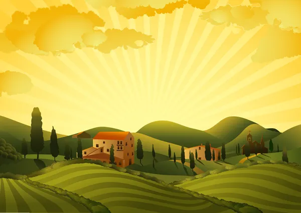 Paisaje rural con campos y colinas — Vector de stock