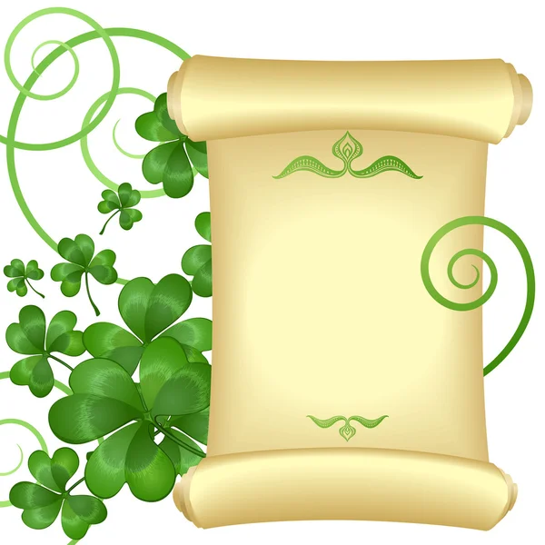 St. Patrick's day invitation with parchment scroll and clover — Stock Vector