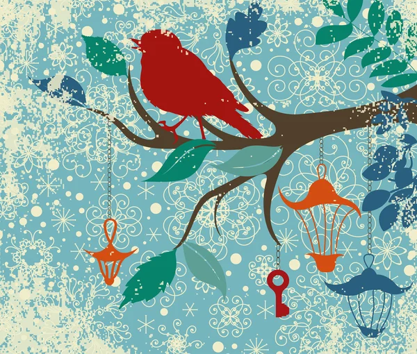 Kerstmis achtergrond van vertakking van de beslissingsstructuur met vogel en lantaarns — Stockvector